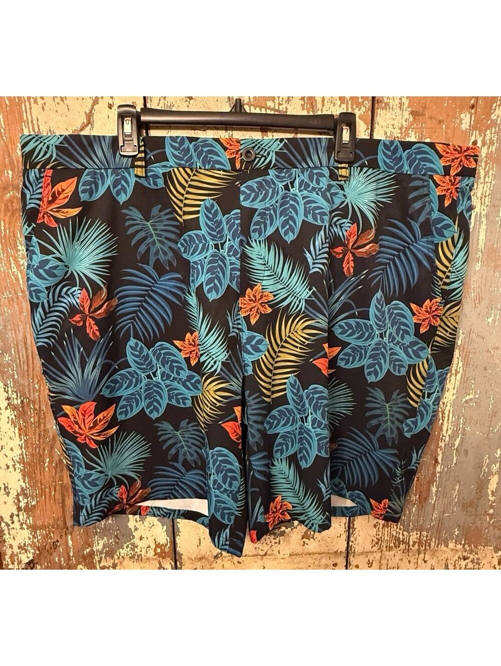 Hreski Mens Golf Shorts Teal palm leaves orange flowers Black size 46